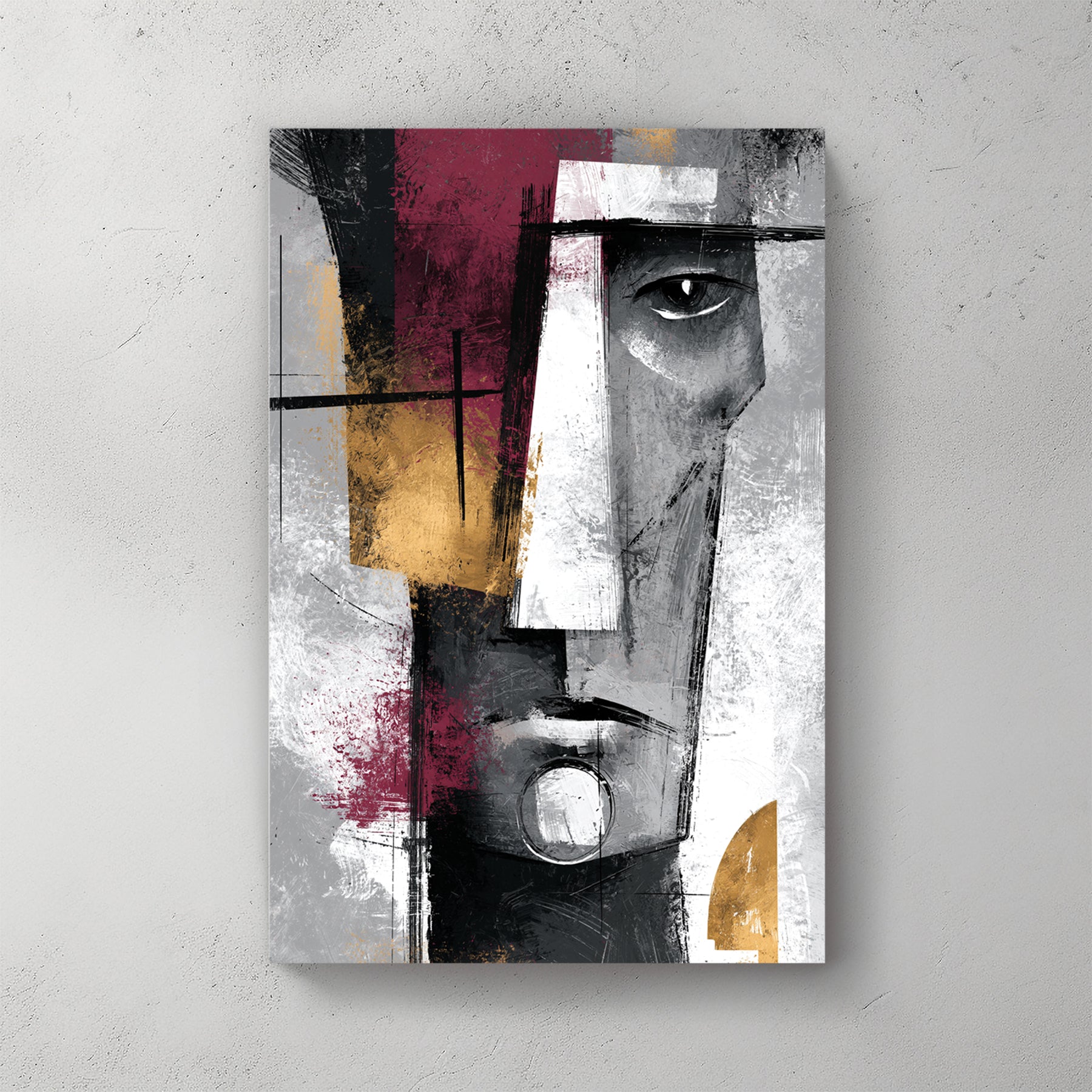 cubist face portrait, burgundy and grey palette, fragmented geometric features, mid century modern feel — canvas wall art print