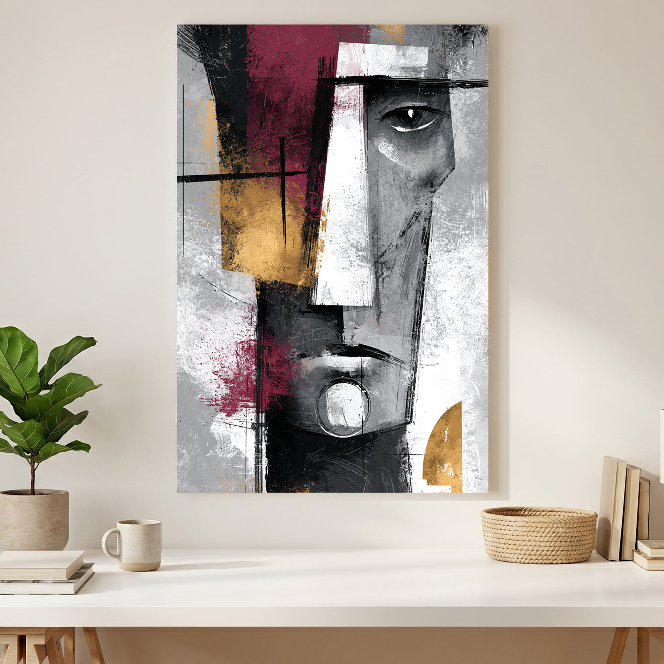 Cubist Face Burgundy Grey Abstract canvas wall art print styled in a modern interior