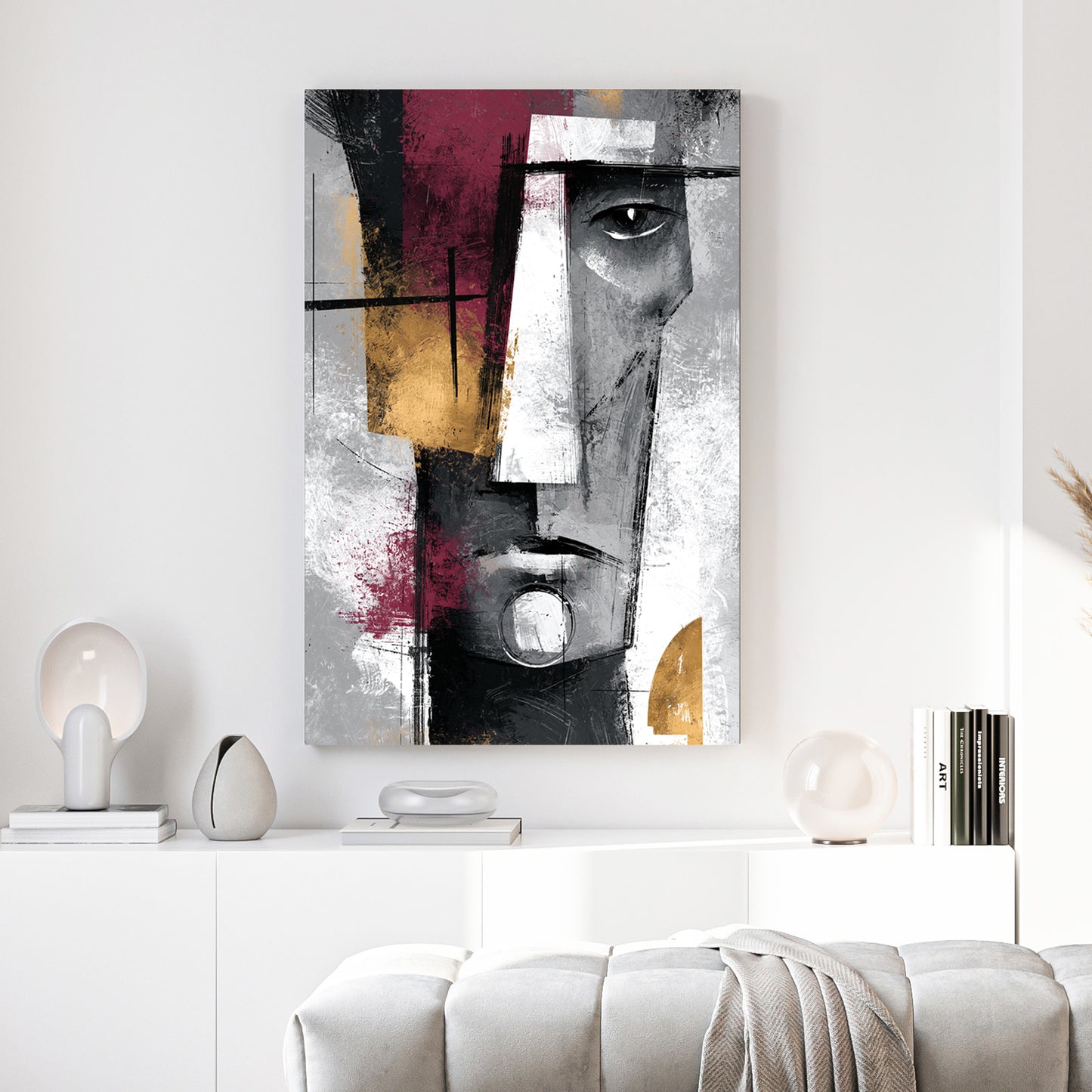 Cubist Face Burgundy Grey Abstract canvas wall art print above a sofa in a contemporary living room