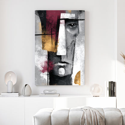 Cubist Face Burgundy Grey Abstract canvas wall art print above a sofa in a contemporary living room