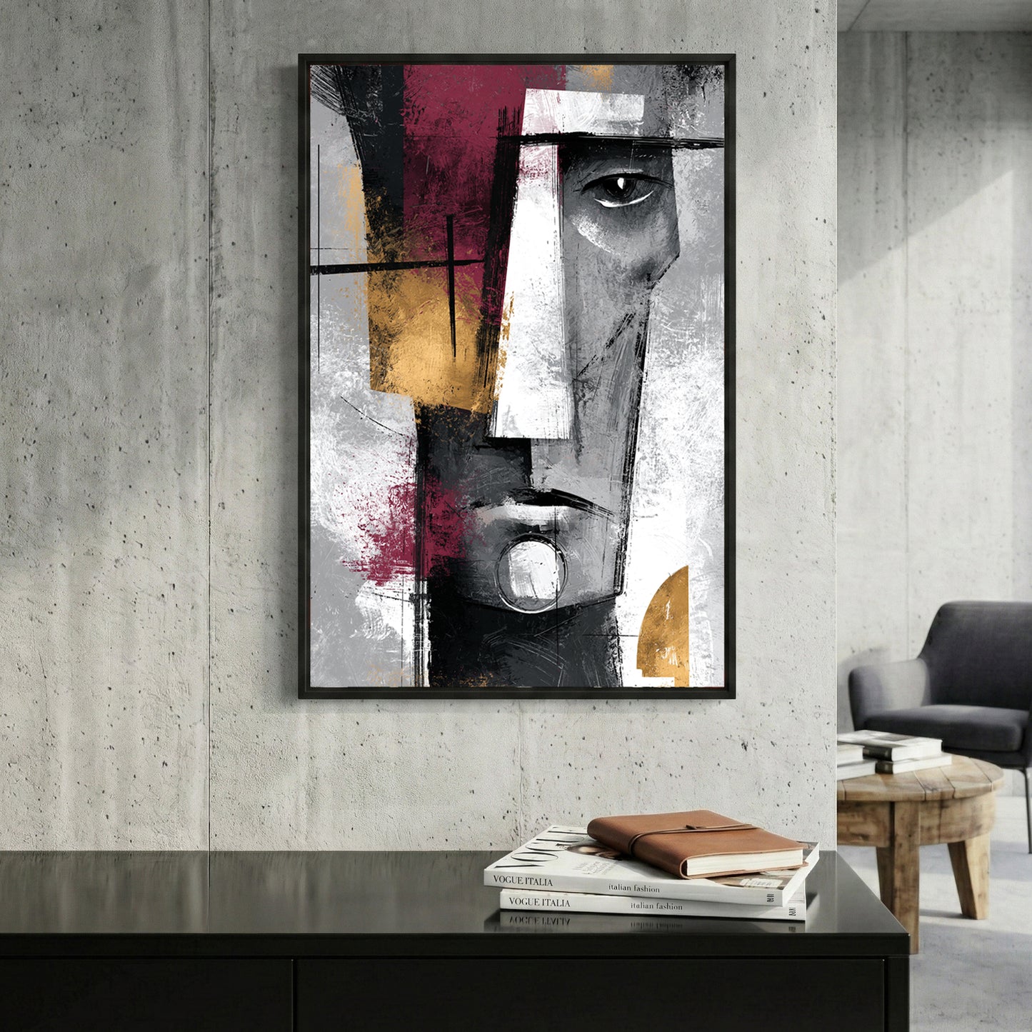 Cubist Face Burgundy Grey Abstract framed canvas wall art print in a gallery-style display