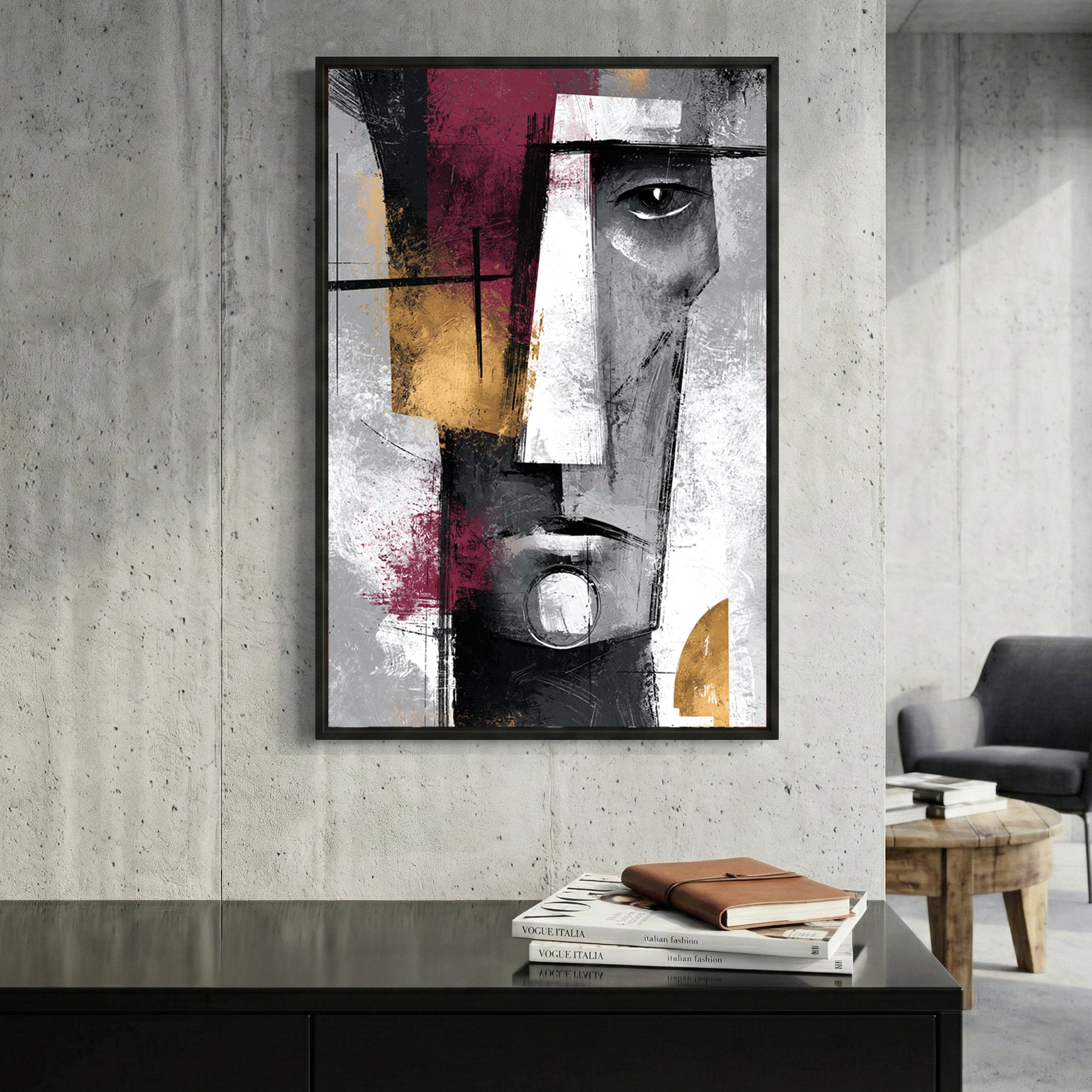 Cubist Face Burgundy Grey Abstract framed canvas wall art print in a gallery-style display