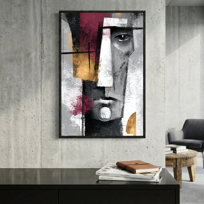 Cubist Face Burgundy Grey Abstract framed canvas wall art print in a gallery-style display