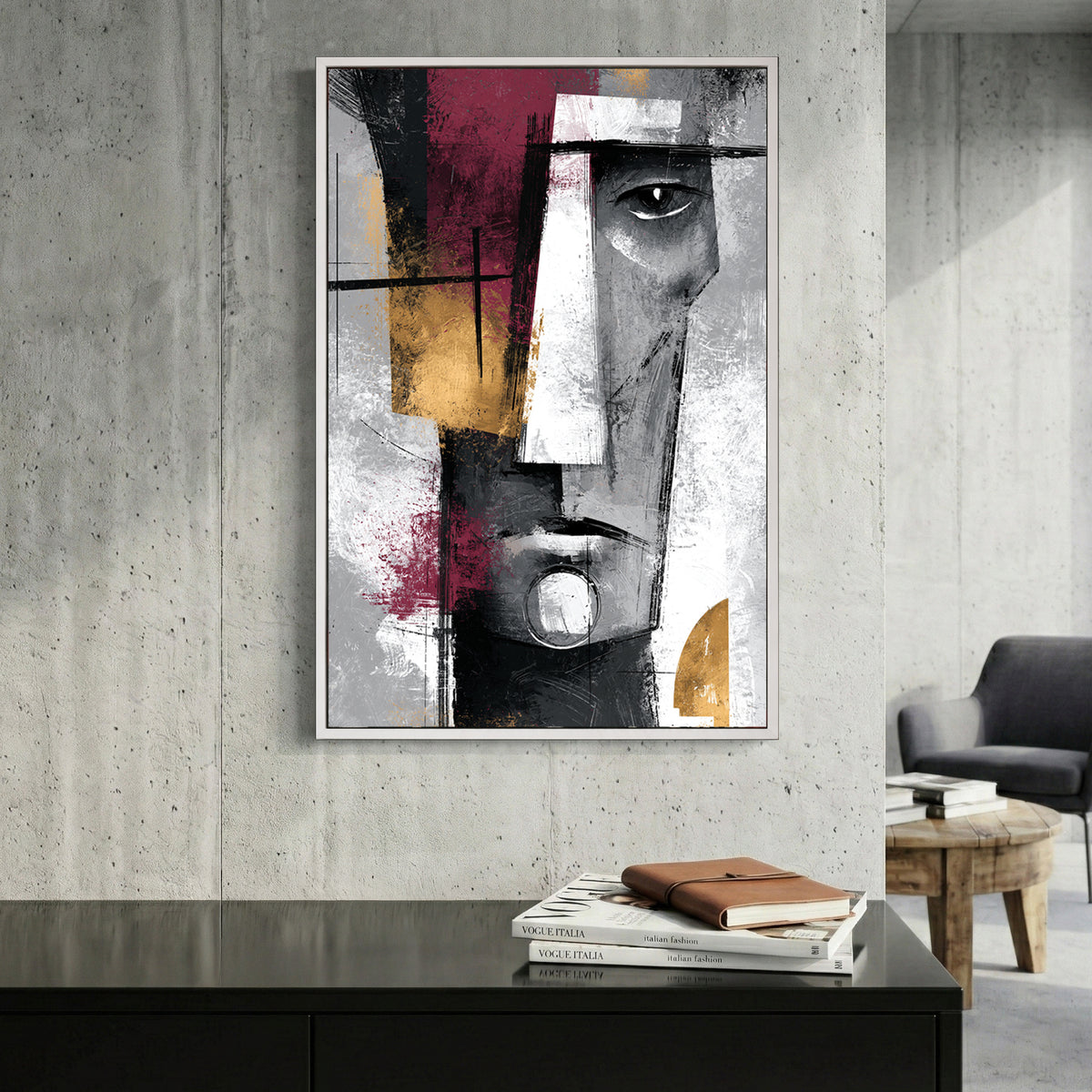Cubist Face Burgundy Grey Abstract canvas wall art print displayed in a styled living room