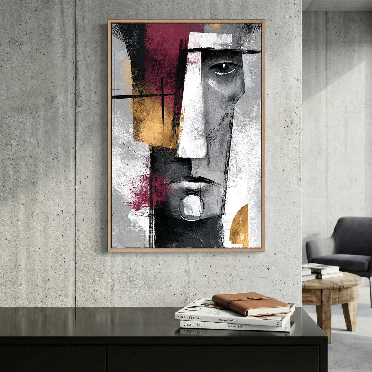 Cubist Face Burgundy Grey Abstract canvas wall art print displayed in a styled living room