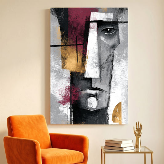 Cubist Face Burgundy Grey Abstract canvas wall art print displayed in a styled living room