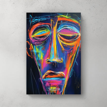 Abstract face in neon pink, orange, blue, green outlines, dark background, mask-like features — canvas wall art print