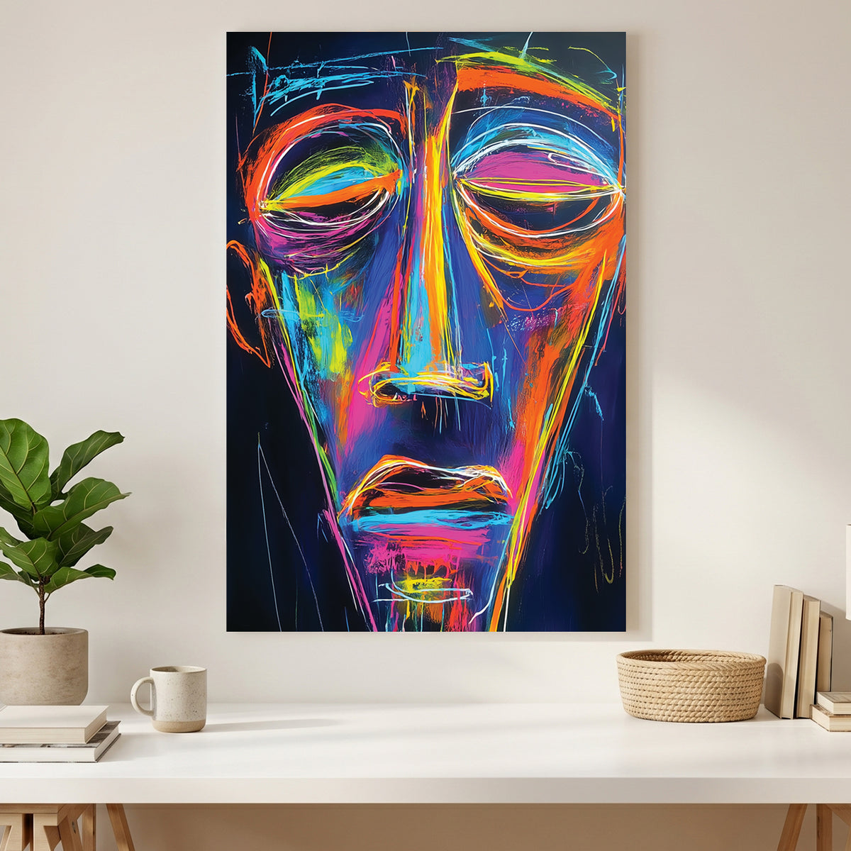 Neon Abstract Face Portrait canvas wall art print styled in a modern interior