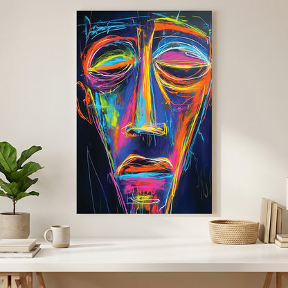 Neon Abstract Face Portrait canvas wall art print styled in a modern interior