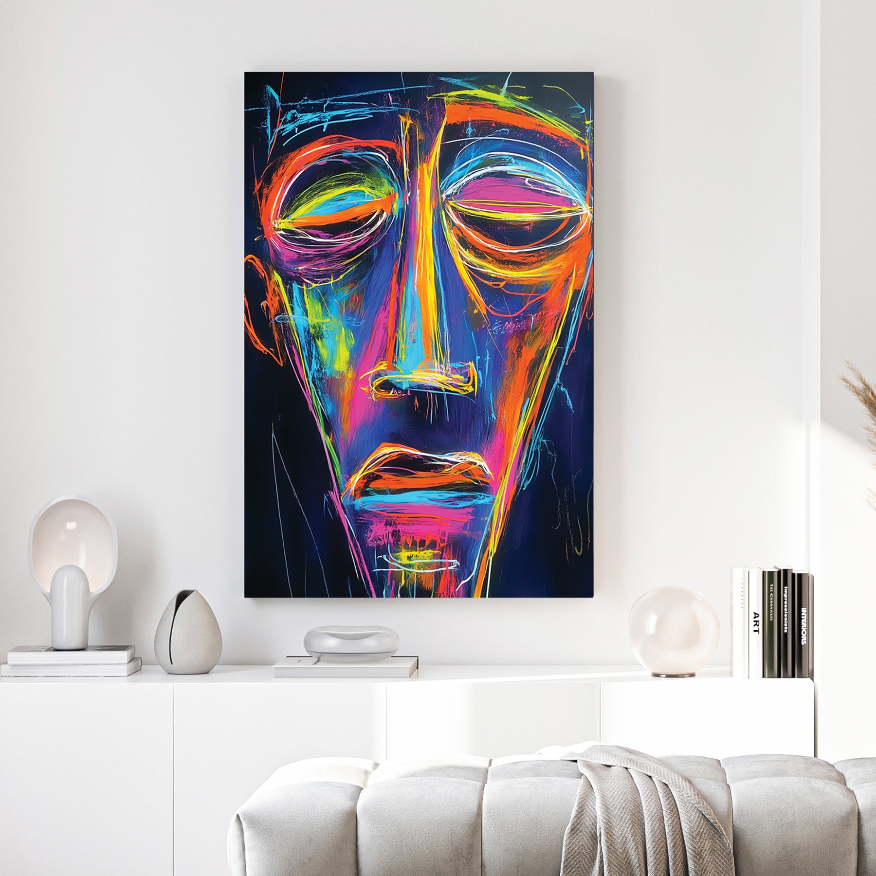 Neon Abstract Face Portrait canvas wall art print above a sofa in a contemporary living room