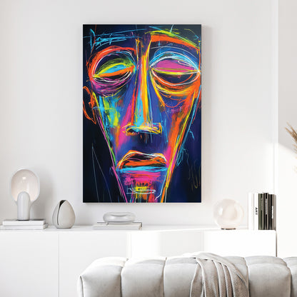 Neon Abstract Face Portrait canvas wall art print above a sofa in a contemporary living room