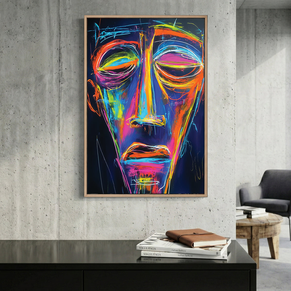 Neon Abstract Face Portrait canvas wall art print displayed in a styled living room