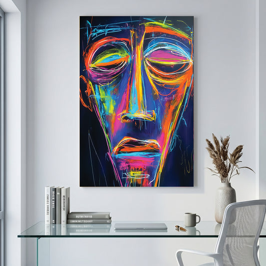 Neon Abstract Face Portrait canvas wall art print displayed in a styled living room