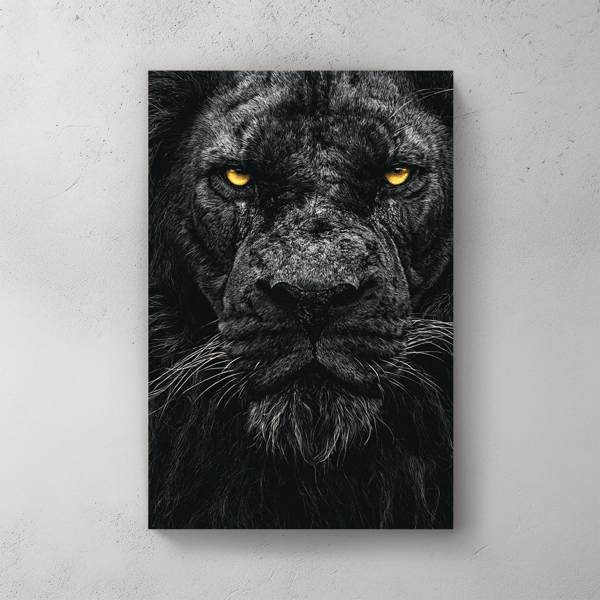 Close-up portrait of a black lion: glowing gold-yellow eyes, dark mane filling the frame, high contrast moody style — canvas wall art print