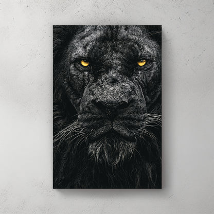 Close-up portrait of a black lion: glowing gold-yellow eyes, dark mane filling the frame, high contrast moody style — canvas wall art print