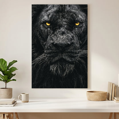 Black Lion Portrait canvas wall art print styled in a modern interior