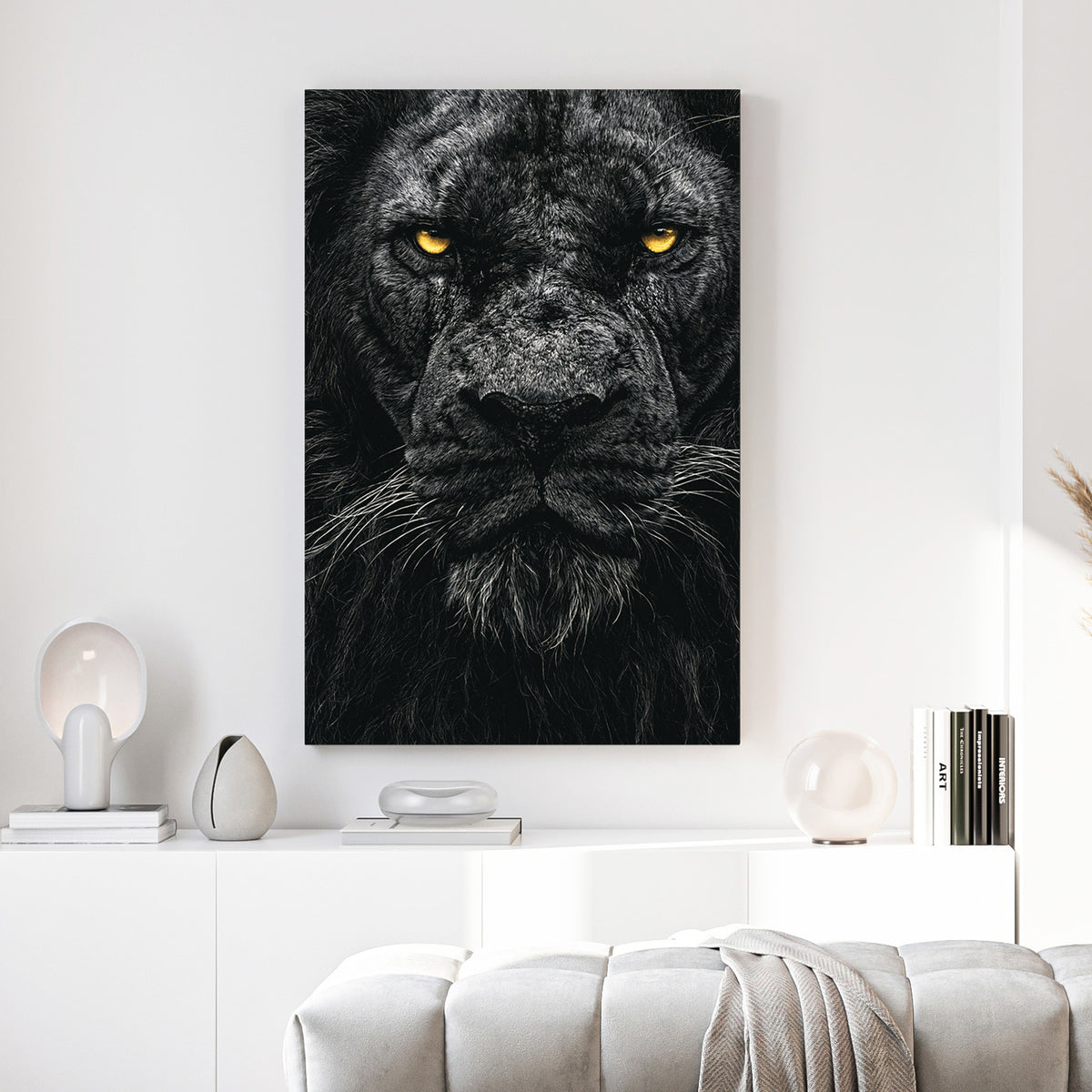 Black Lion Portrait canvas wall art print above a sofa in a contemporary living room