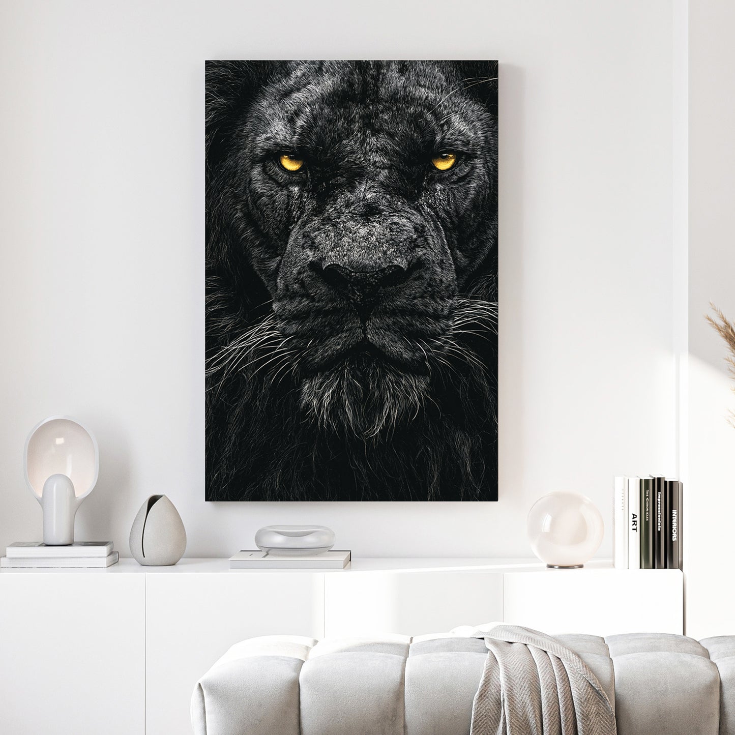 Black Lion Portrait canvas wall art print above a sofa in a contemporary living room