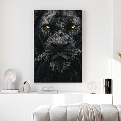 Black Lion Portrait canvas wall art print above a sofa in a contemporary living room