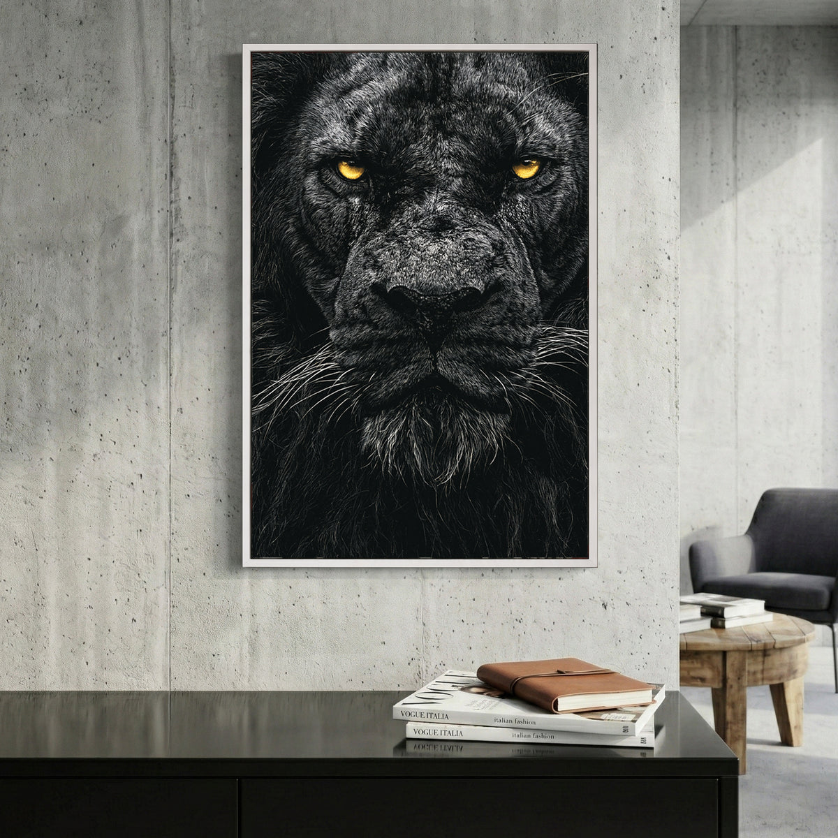 Black Lion Portrait canvas wall art print displayed in a styled living room