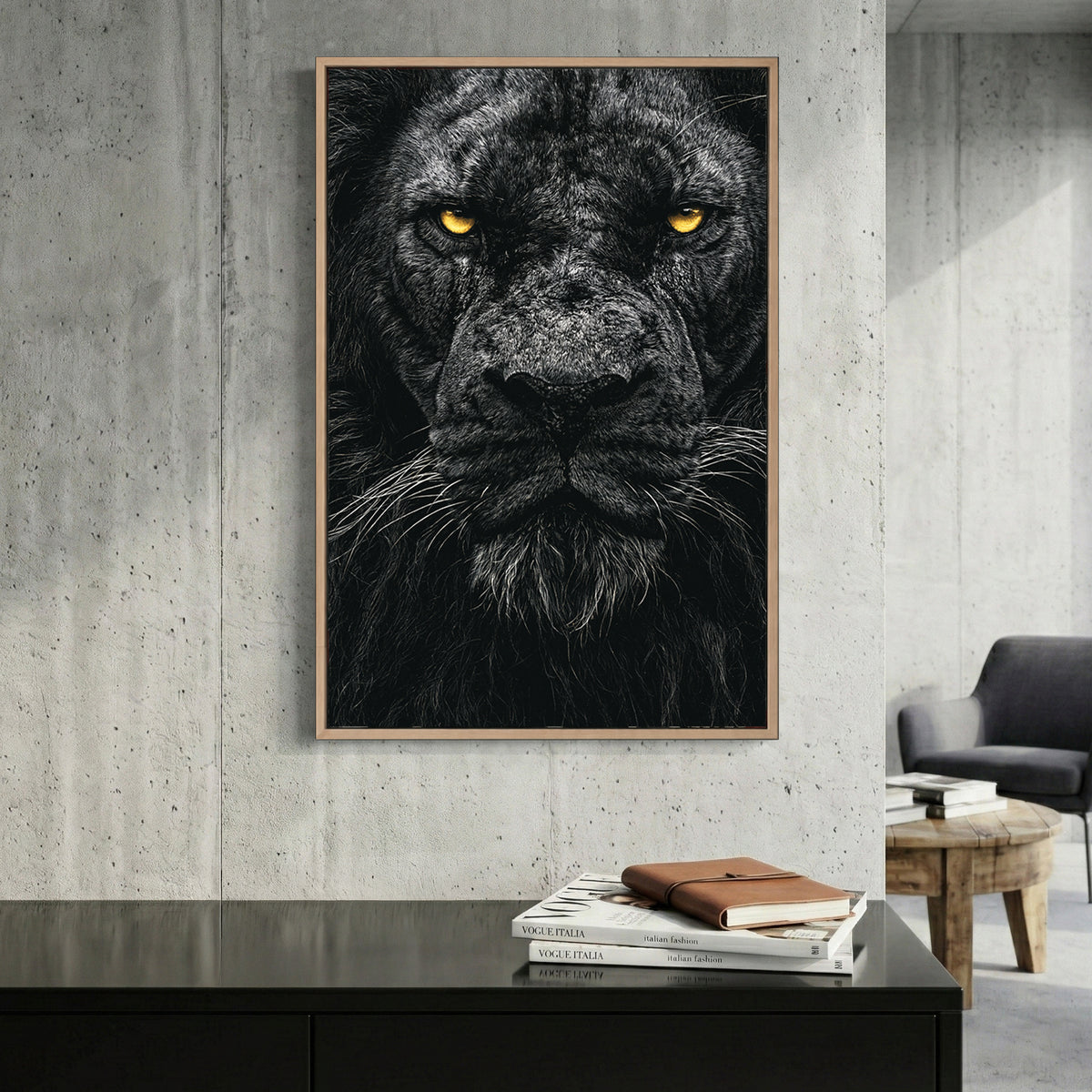 Black Lion Portrait canvas wall art print displayed in a styled living room