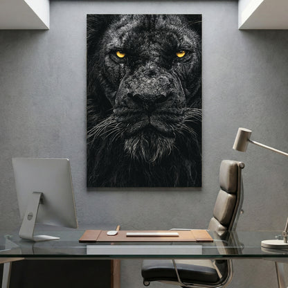 Black Lion Portrait canvas wall art print displayed in a styled living room