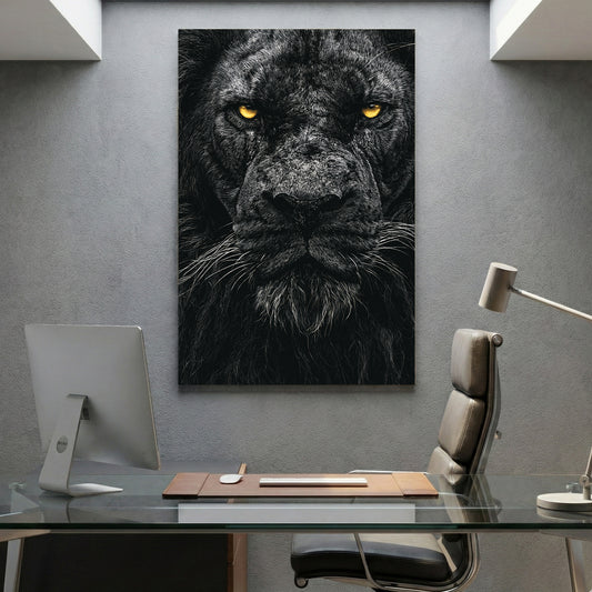 Black Lion Portrait canvas wall art print displayed in a styled living room
