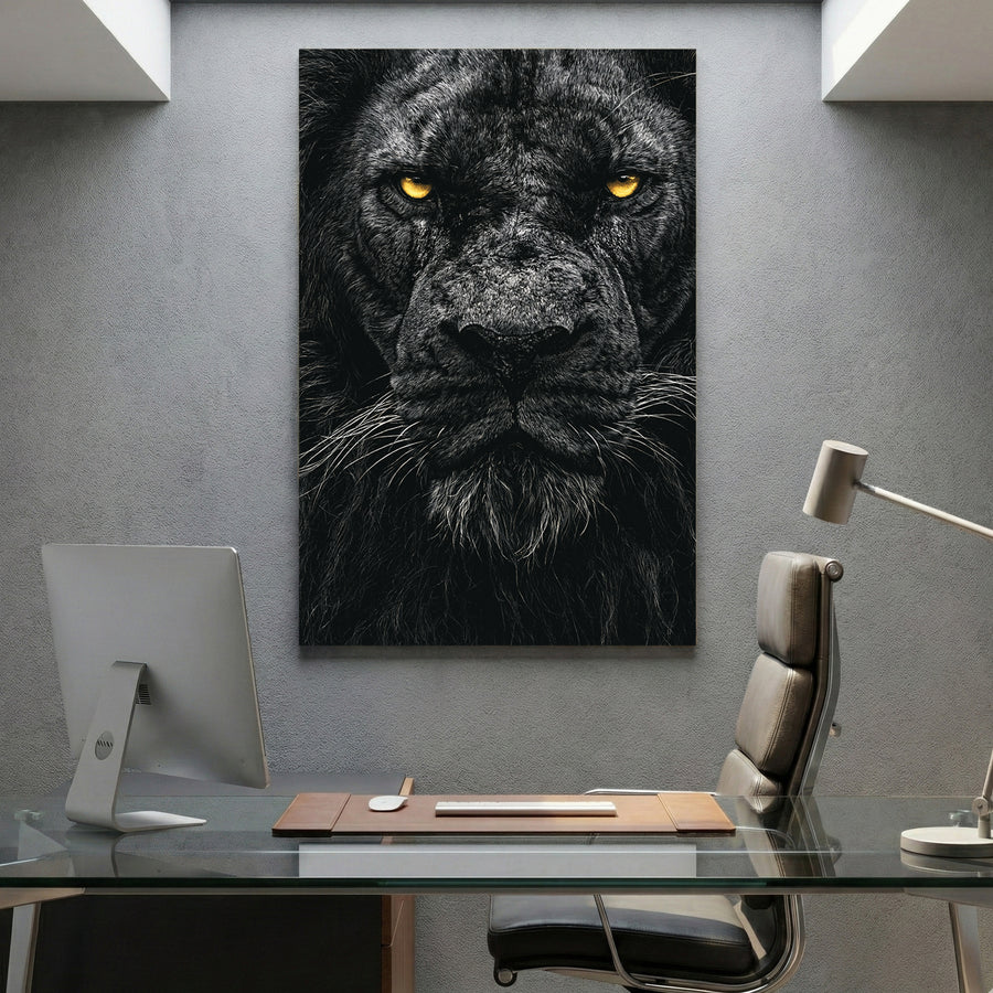 Black Lion Portrait canvas wall art print displayed in a styled living room
