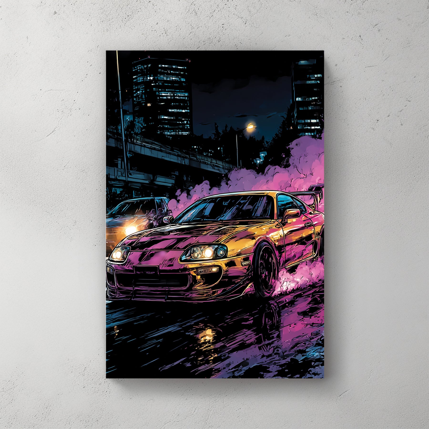 Toyota Supra Mk4 yellow-orange front three-quarter, neon purple pink smoke, dark city skyline behind, JDM tuner aesthetic — canvas wall art print