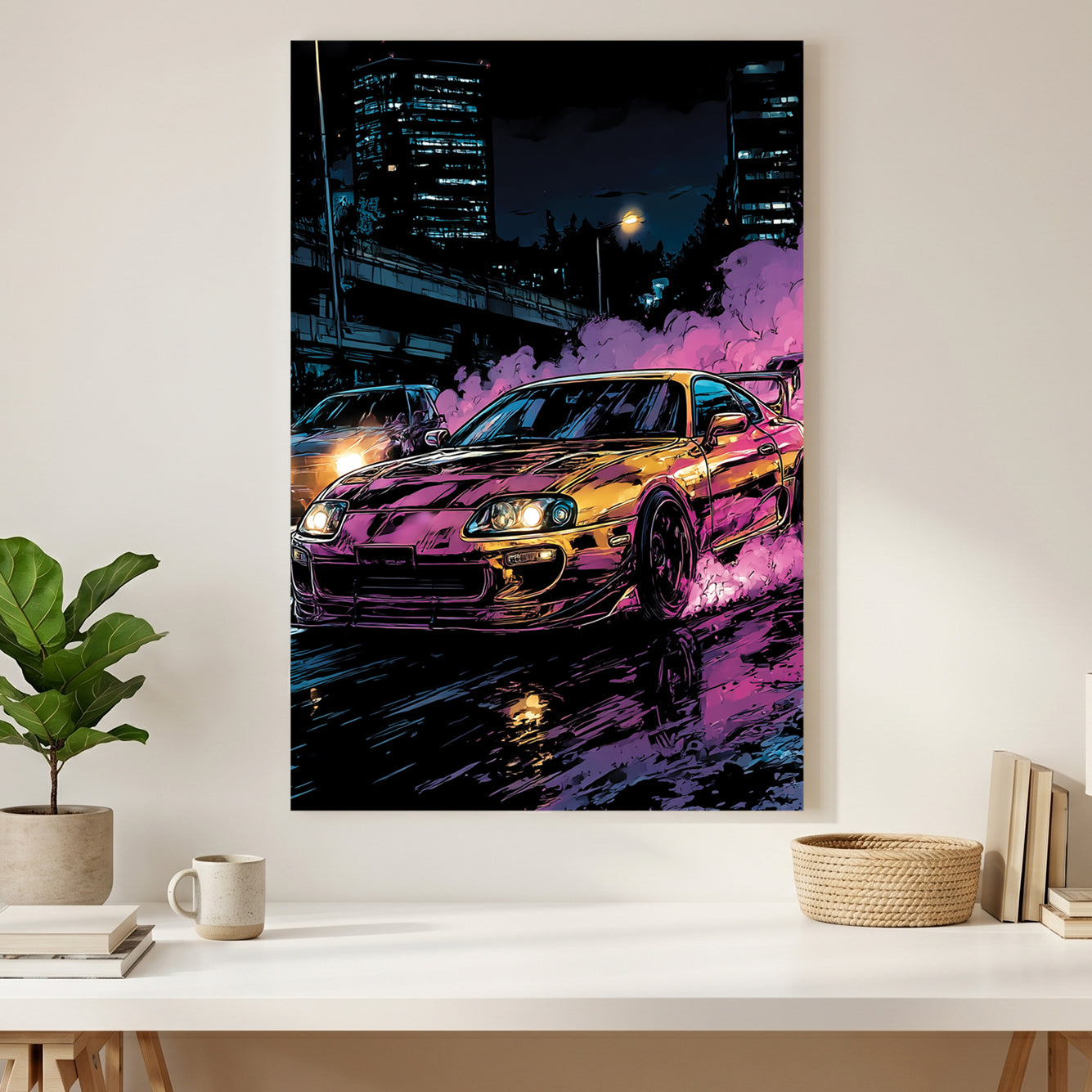Toyota Supra Mk4 Neon Night canvas wall art print styled in a modern interior