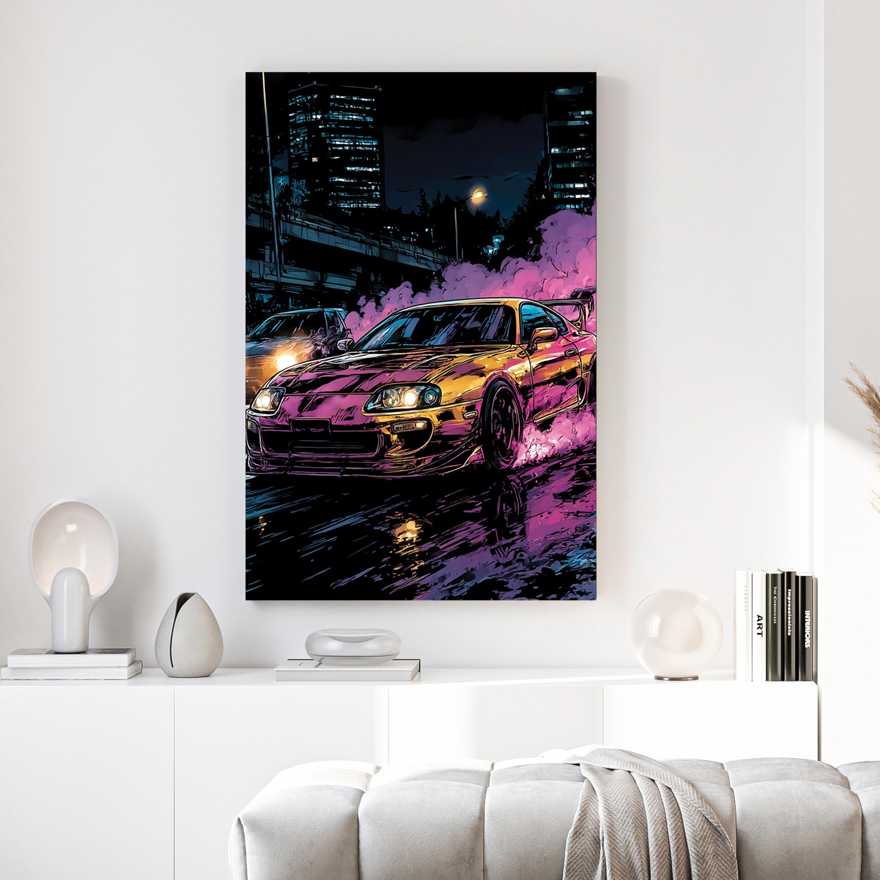 Toyota Supra Mk4 Neon Night canvas wall art print above a sofa in a contemporary living room