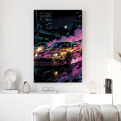 Toyota Supra Mk4 Neon Night canvas wall art print above a sofa in a contemporary living room