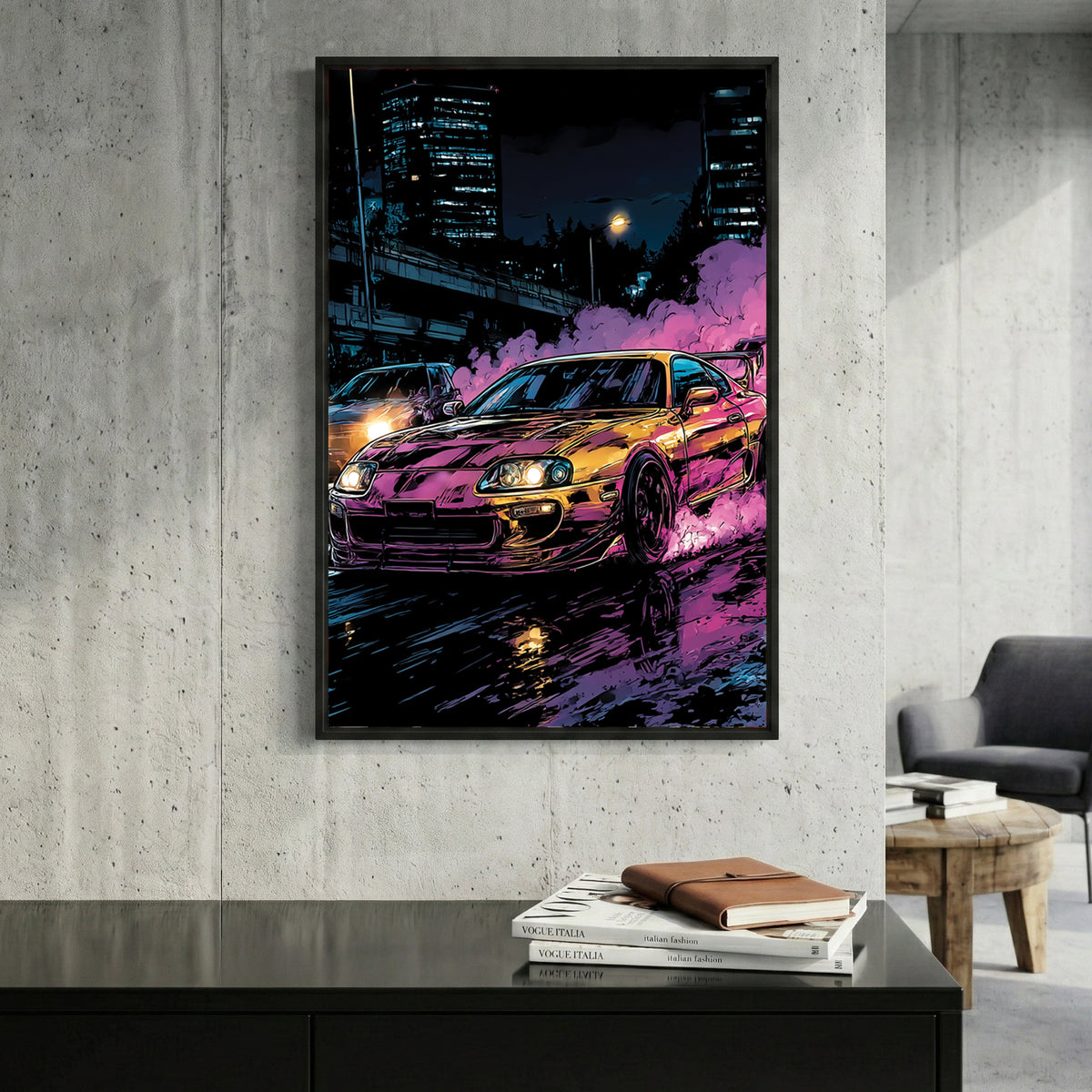 Toyota Supra Mk4 Neon Night framed canvas wall art print in a gallery-style display