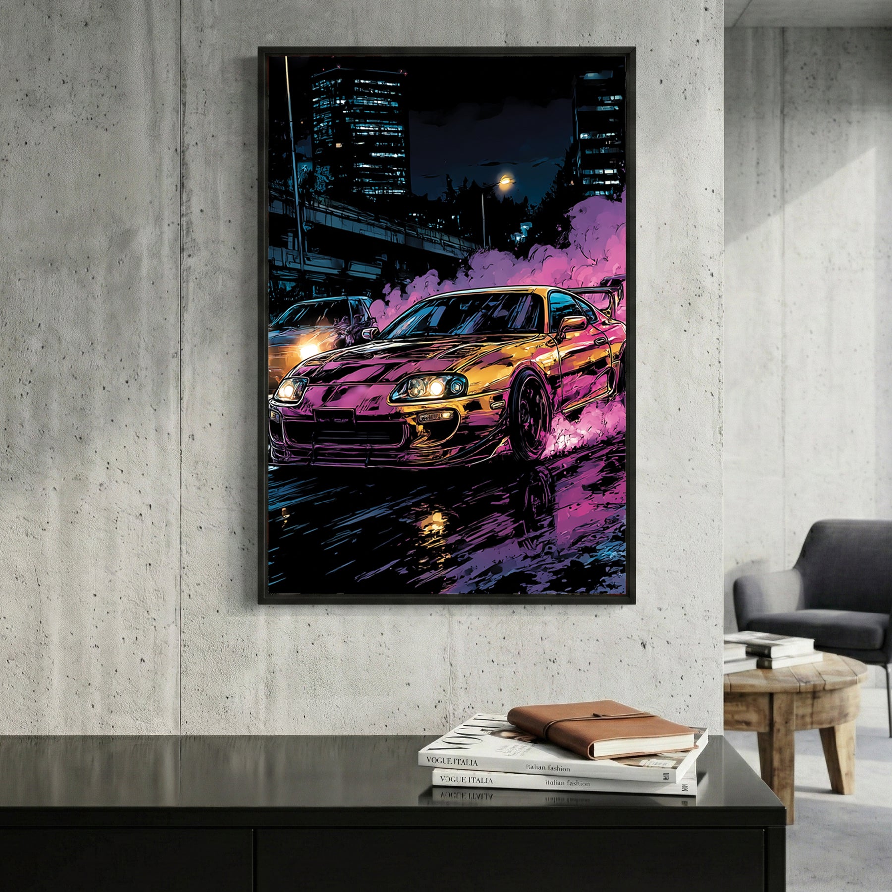 Toyota Supra Mk4 Neon Night framed canvas wall art print in a gallery-style display