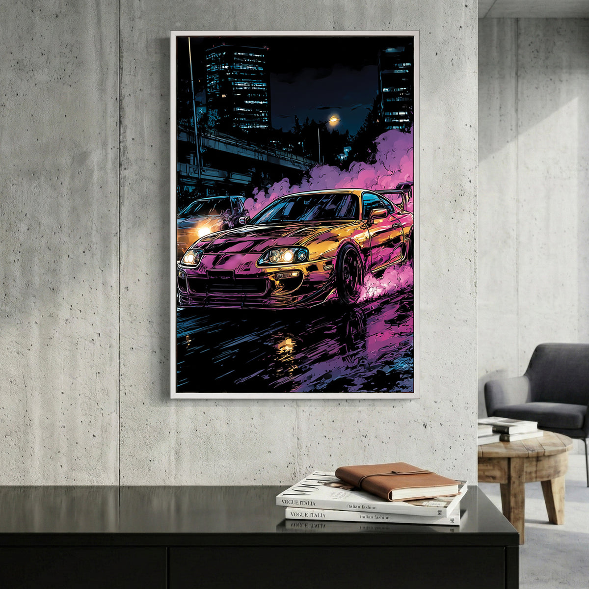 Toyota Supra Mk4 Neon Night canvas wall art print displayed in a styled living room