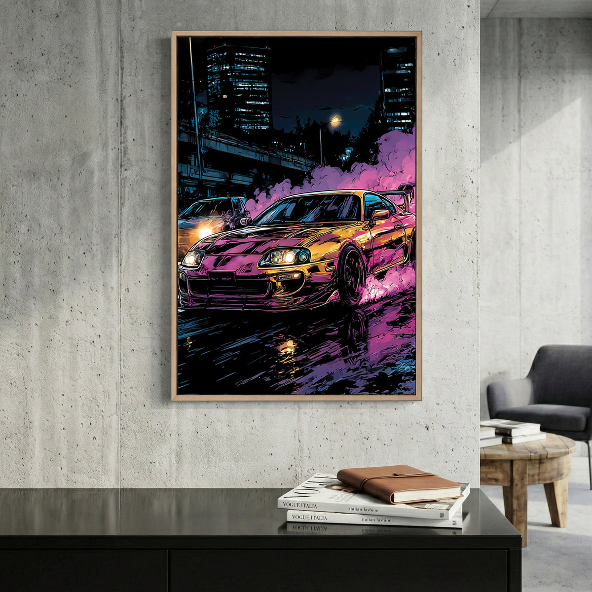 Toyota Supra Mk4 Neon Night canvas wall art print displayed in a styled living room