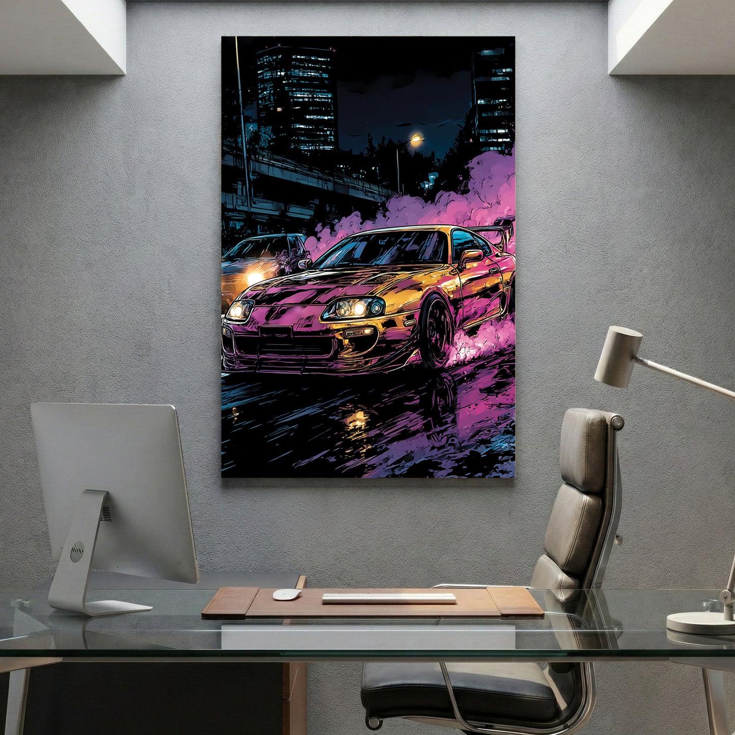 Toyota Supra Mk4 Neon Night canvas wall art print displayed in a styled living room