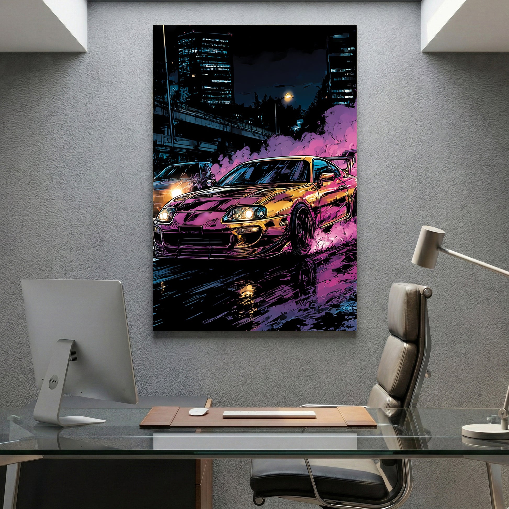 Toyota Supra Mk4 Neon Night canvas wall art print displayed in a styled living room