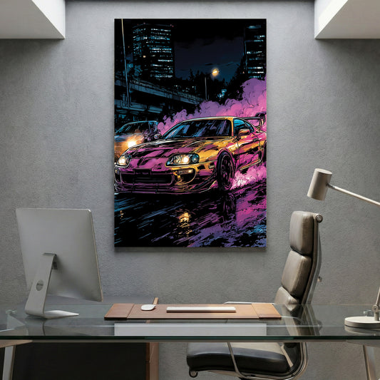 Toyota Supra Mk4 Neon Night canvas wall art print displayed in a styled living room