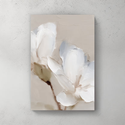 White magnolia flower; thick impasto petals; soft beige background; oil painting style — canvas wall art print