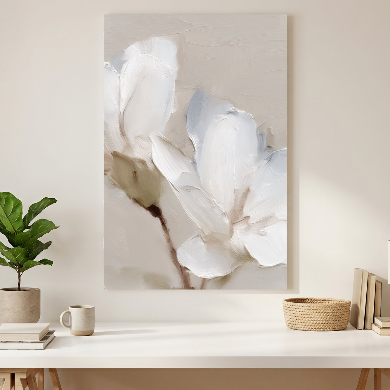 White Magnolia Flower Oil Painting canvas wall art print styled in a modern interior