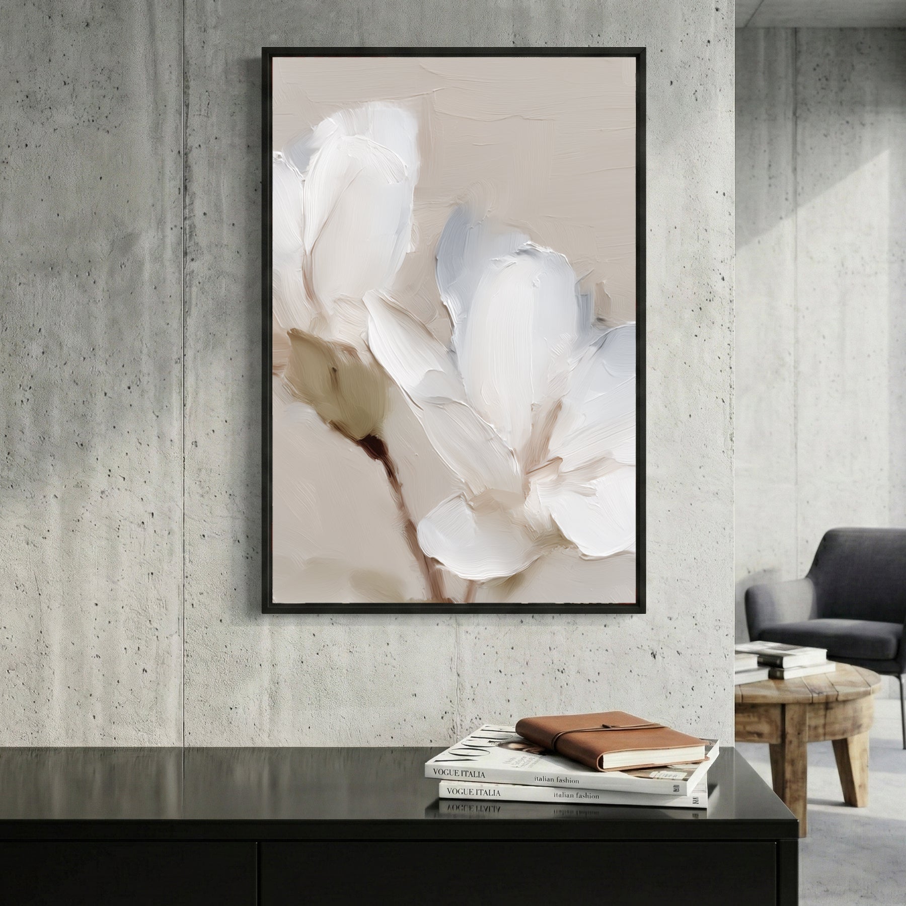 White Magnolia Flower Oil Painting framed canvas wall art print in a gallery-style display