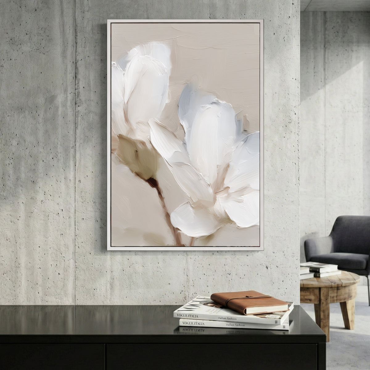 White Magnolia Flower Oil Painting canvas wall art print displayed in a styled living room