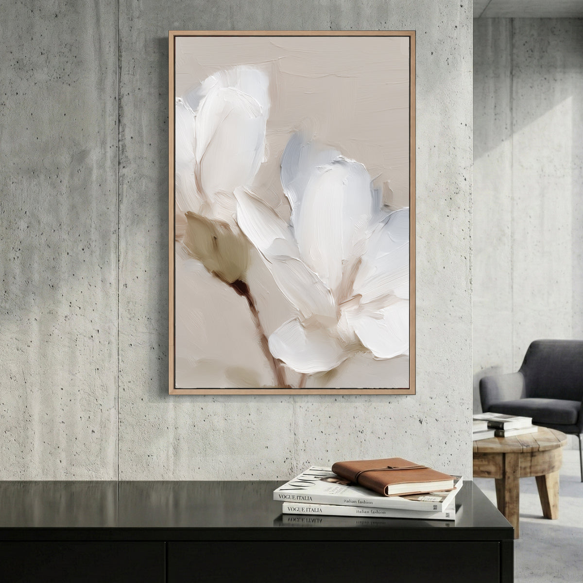 White Magnolia Flower Oil Painting canvas wall art print displayed in a styled living room