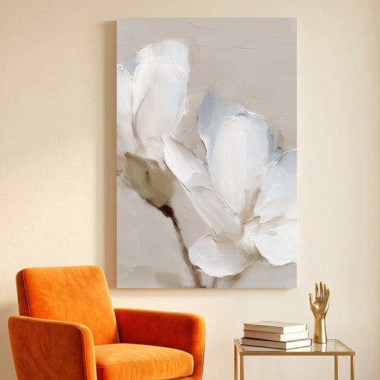 White Magnolia Flower Oil Painting canvas wall art print displayed in a styled living room