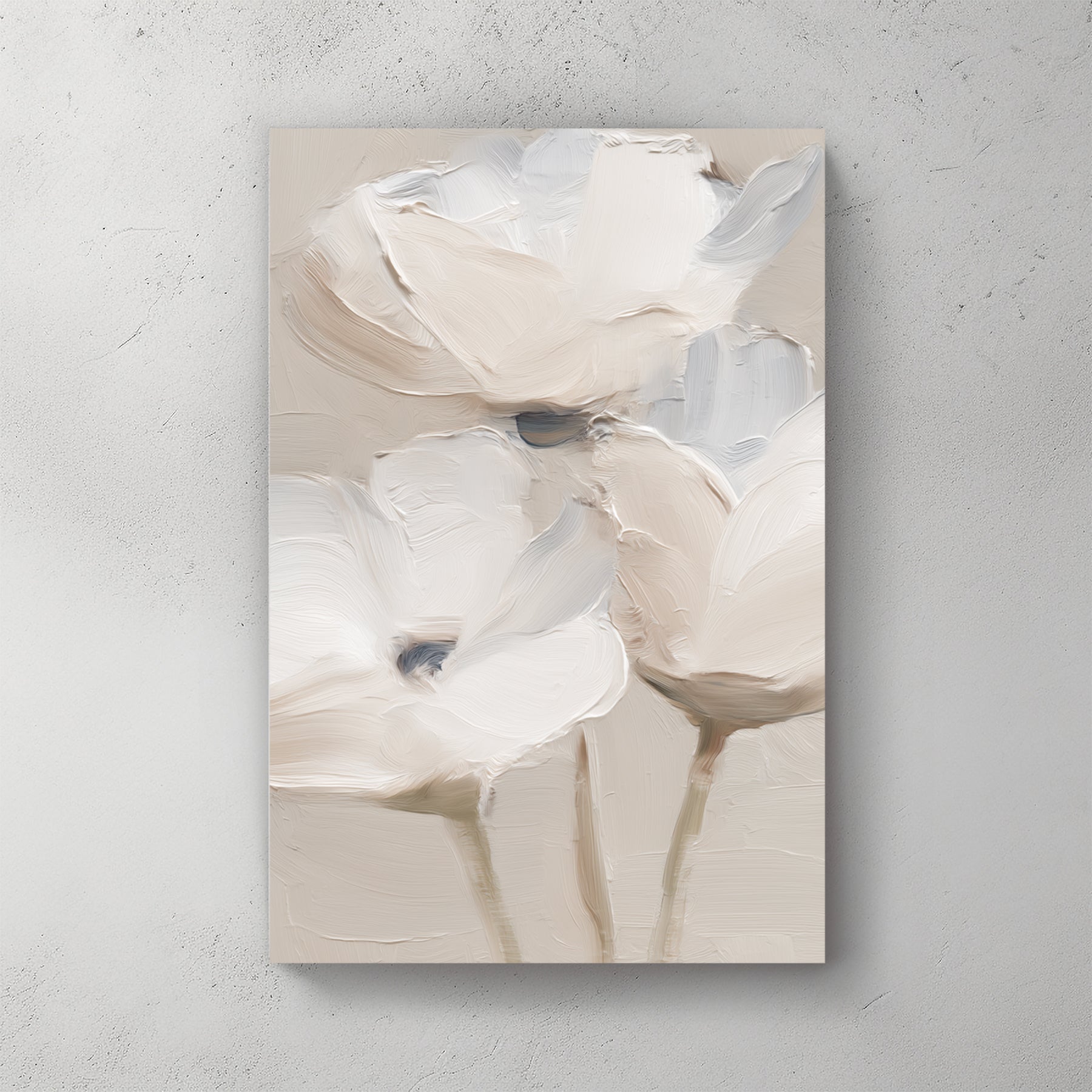 Three white flowers, thick textured palette knife oil painting style, neutral beige background — canvas wall art print