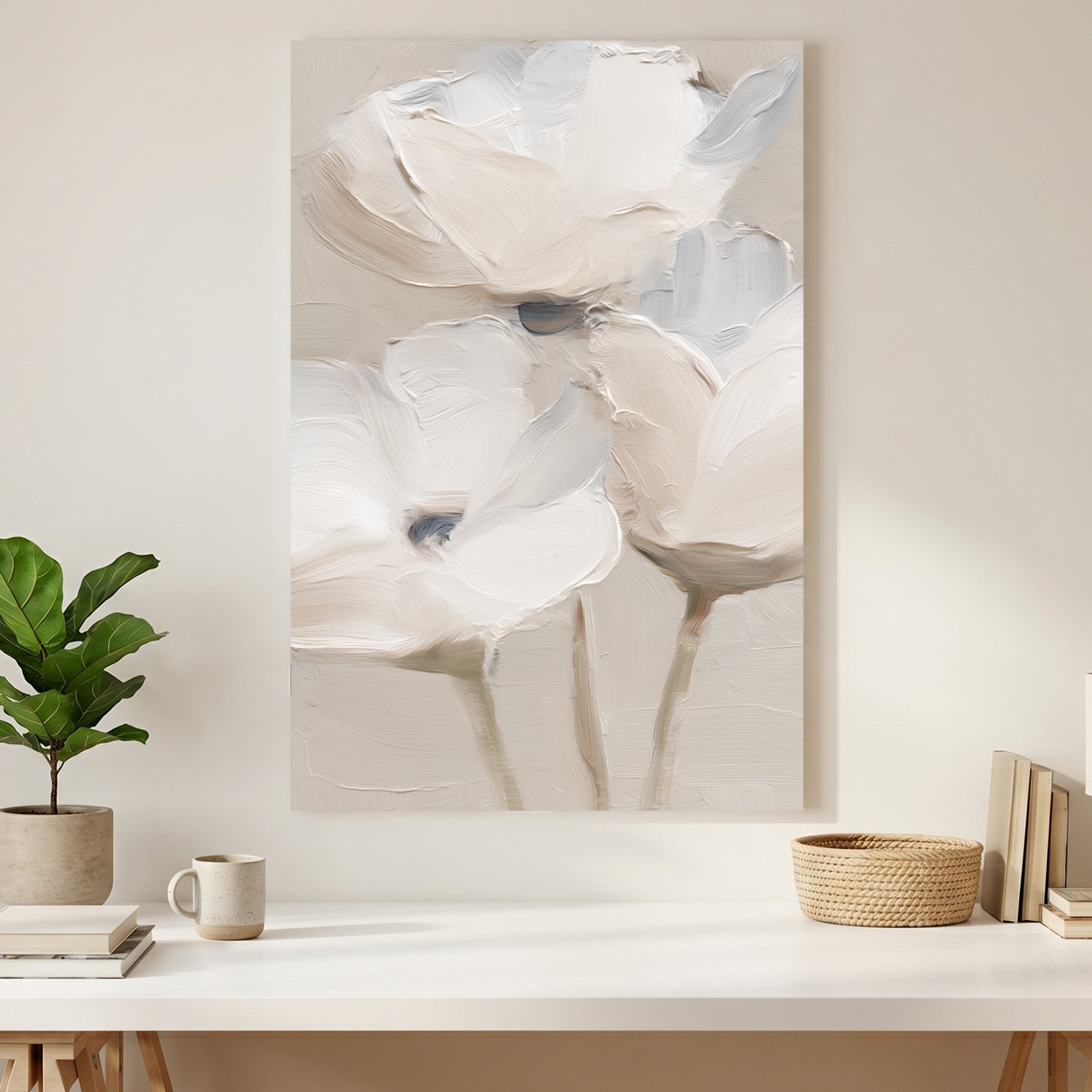 White Flowers Neutral Textured Painting canvas wall art print styled in a modern interior
