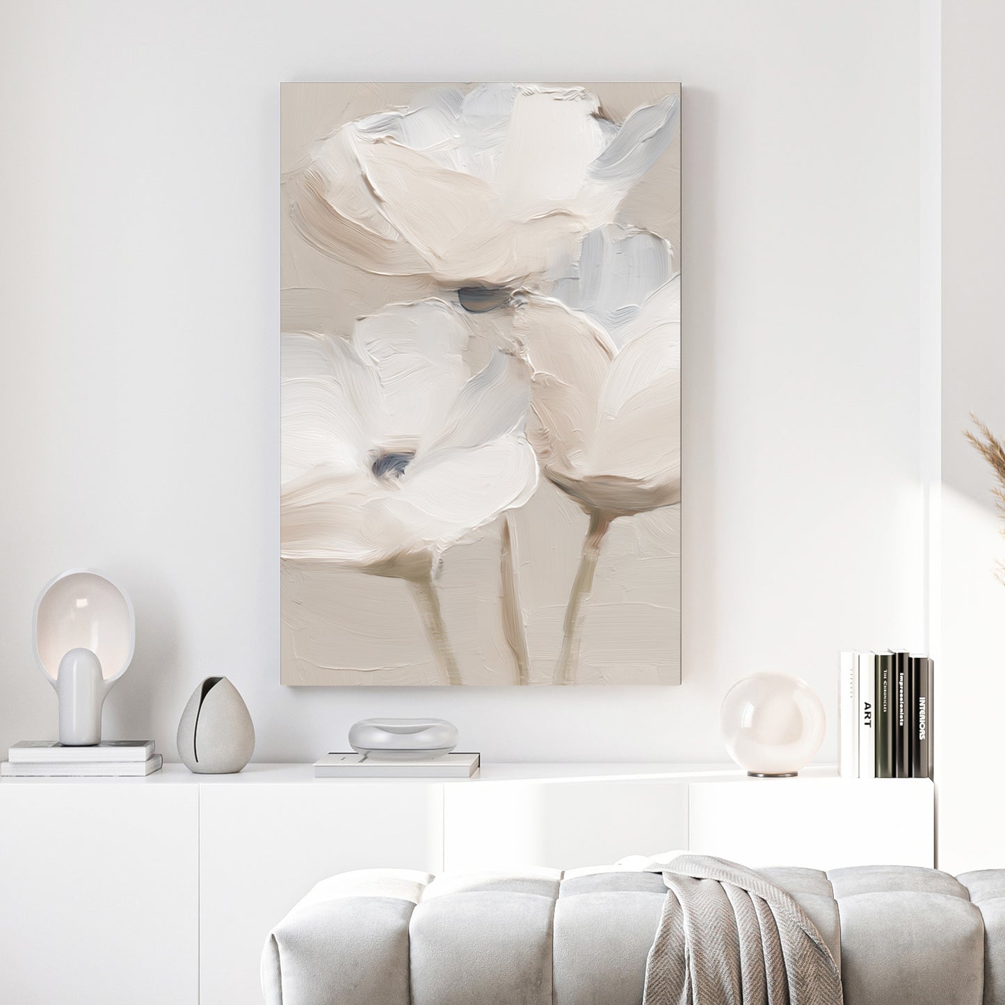 White Flowers Neutral Textured Painting canvas wall art print above a sofa in a contemporary living room