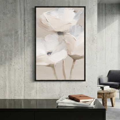 White Flowers Neutral Textured Painting framed canvas wall art print in a gallery-style display