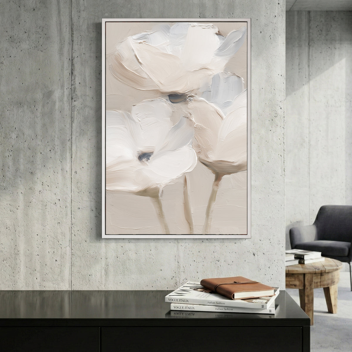 White Flowers Neutral Textured Painting canvas wall art print displayed in a styled living room